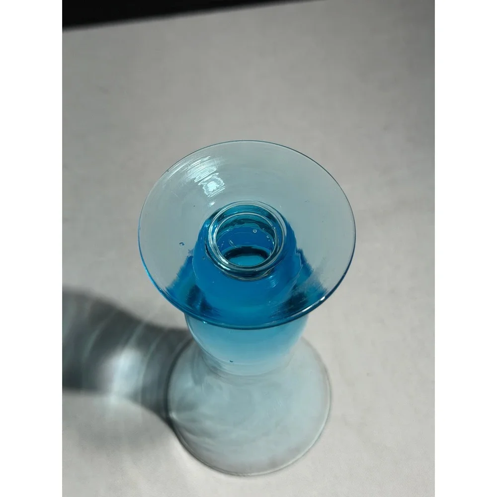 Vintage Blue Hand Blown Art Glass Bud Vase Hourglass Pedestal Base MCM
